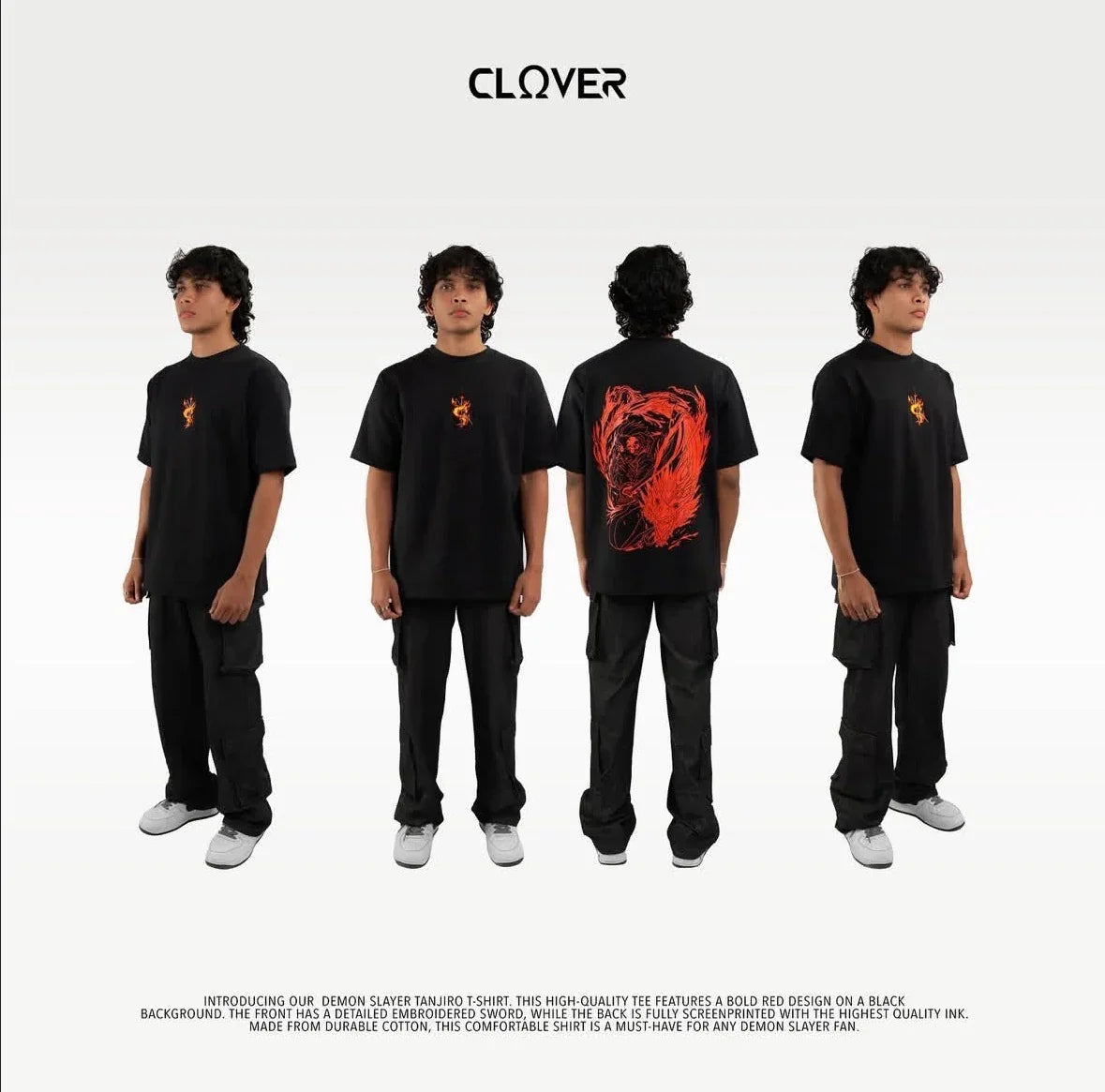 Model showcasing black Demon Slayer Tanjiro t-shirt with red sword embroidery front and large red graphic back