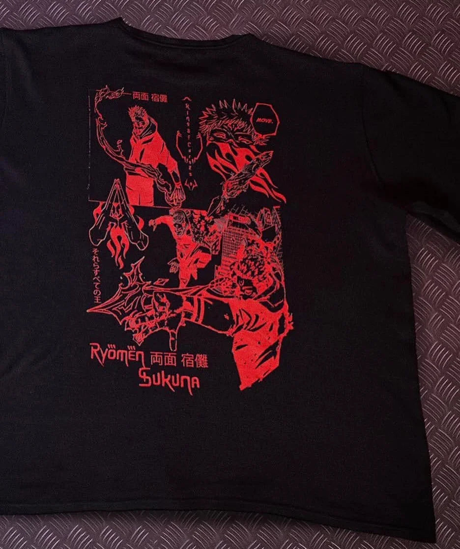 Black T-shirt with red Ryomen Sukuna manga-style graphic and Japanese text design
